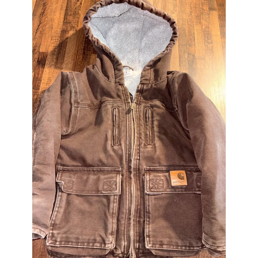 Carhartt Kids Brown Duck Canvas Sherpa Lined Hooded Jacket Size 5 Distressed‎